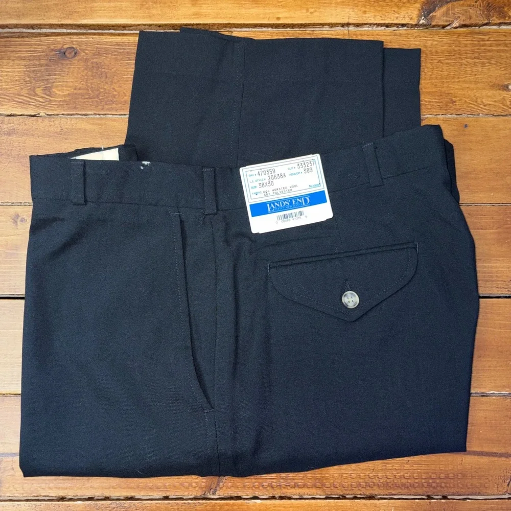 Lands End Dress Pants Mens 38x30 Black Worsted Wool Blend USA Made Vintage READ